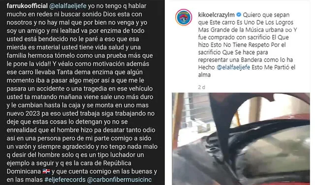 25.7.2021 | Captura comentario de Farruko y Kiko el Crazy  sobre la quema del Bugatti de El Alfa. Foto: captura El Alfa / Kiko el Crazy / Instagram