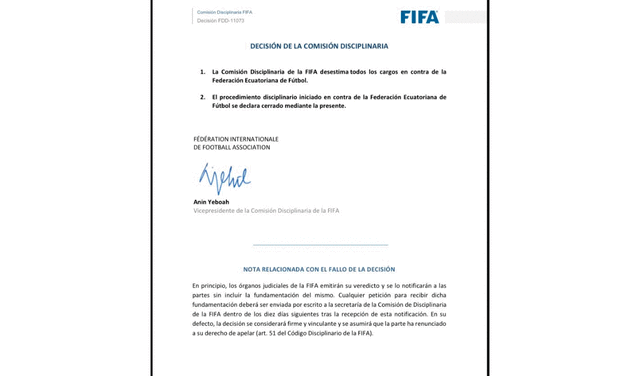 Este es el fallo emitido por FIFA. Foto: captura de FIFA