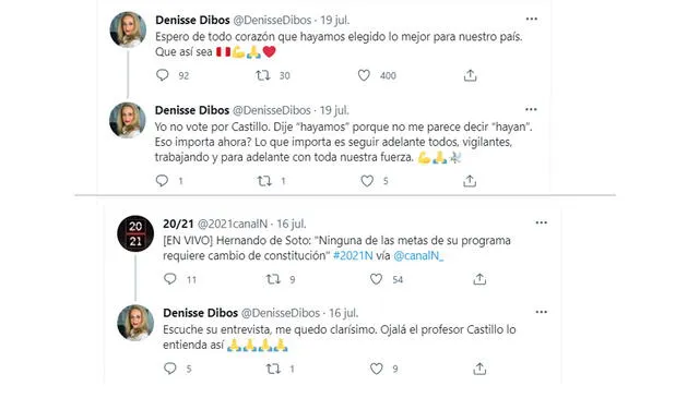 19.7.2021 | Tuits de Denisse Dibós sobre   Pedro Castillo. Foto: captura Denisse Dibós / Twitter