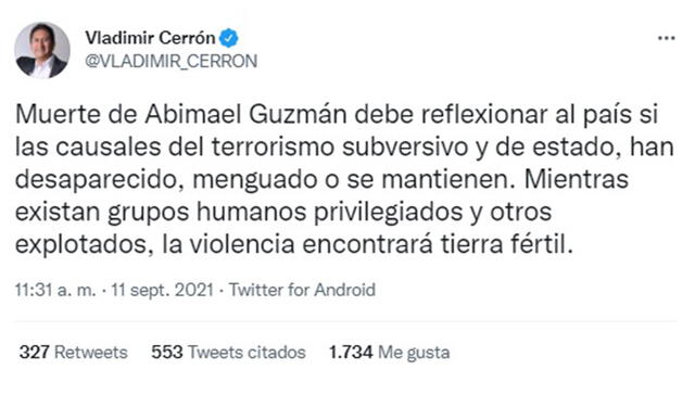 Tuit verdadero de Cerrón sobre el deceso de Guzmán. Foto: captura en Twitter / Vladimir Cerrón.