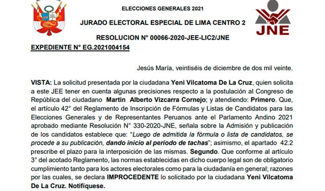 Denuncia de Vilcatoma contra Vizcarra es declarada improcedente por el JEE