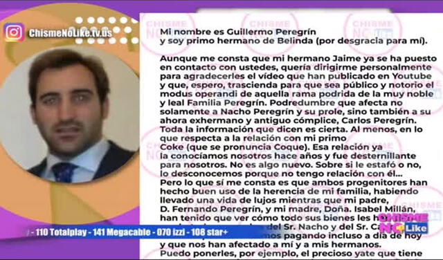 24.2.2022 | Captura de la carta de Guillermo Peregrín a Chisme No Like. Foto: captura Chisme No Like/YouTube