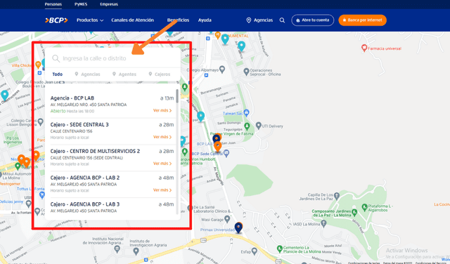 Puedes identificar la agencia más cercana del BCP a tu hogar o trabajo a través de la página oficial del Banco de Crédito. Foto: captura BCP