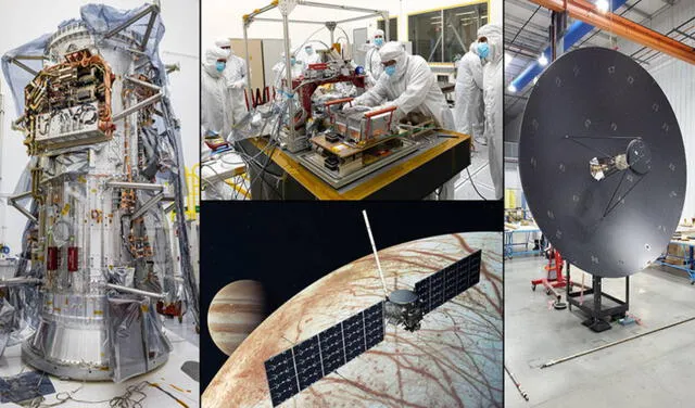 Desde la izquierda: el módulo de propulsión del Europa Clipper de la NASA, el espectrógrafo ultravioleta (llamado Europa-UVS), la antena de alta ganancia y una ilustración de la nave espacial. Foto: NASA / JPL-Caltech / Johns Hopkins APL