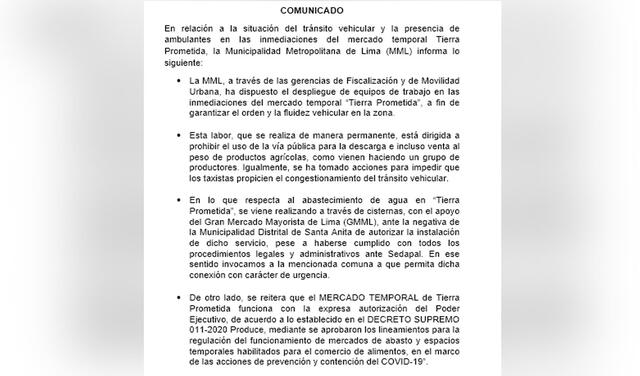 Comunicado de Municipalidad de Lima