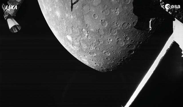 Hemisferio norte de Mercurio capado por BepiColombo. Foto: ESA / JAXA