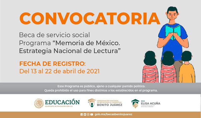 La SEP informó sobre las fechas de registro de la Beca para Servicio Social Programa Memoria de México, Estrategia Nacional de Lectura. Foto: BecasBenito/Twitter