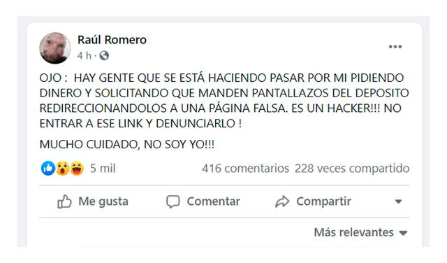Post de Raúl Romero denunciando a  estafadores. Foto: captura Raúl Romero / Facebook