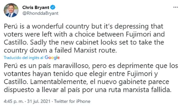 Uno de los tuits más recientes de Chris Bryant sobre Perú. Foto: @RhonddaBryant/Twitter