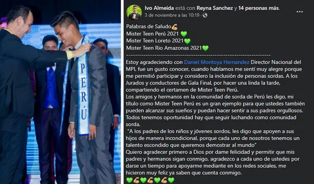 3.11.2021 | Publicación de Ivo Almeida relatando su experiencia en el Mister Teen Perú 2021. Foto: captura Ivo Almeida | Facebook