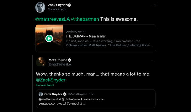 Tuit Zack Snyder y Matt Reeves. Foto: composición/captura de Twitter