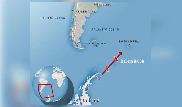 Ruta del iceberg A68. Foto: ilustración/ Alertageo.org