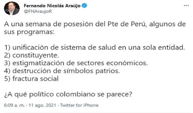 El mensaje del senador por el Centro Democrático acerca del presidente Pedro Castillo. Foto: @FNAraujoR/Twitter