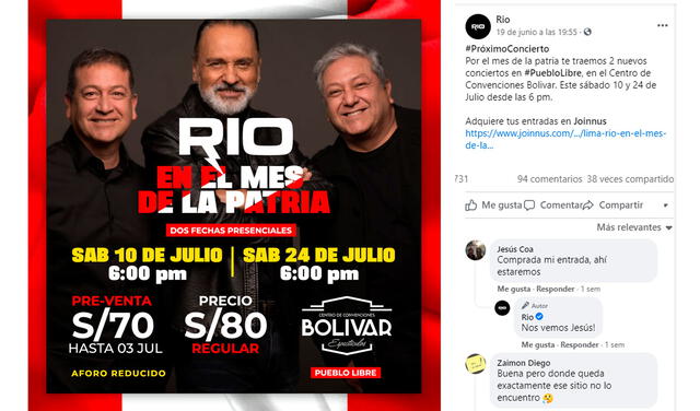 19.6.2021 | Post de Rio anunciando sus próximas presentaciones. Foto: RIO / Facebook
