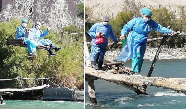 Arequipa: personal médico cruza río y usa andarivel para vacunar a adultos mayores