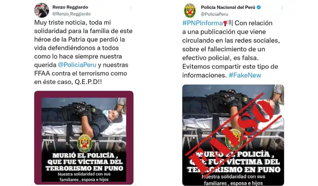 La PNP desmintió la información de la imagen difundida, entre otras personas, por el excongresista Renzo Reggiardo. Foto: composición/ Twitter La PNP desmintió la información de la imagen difundida, entre otras personas, por el excongresista Renzo Reggiardo. Foto: composición/ Twitter