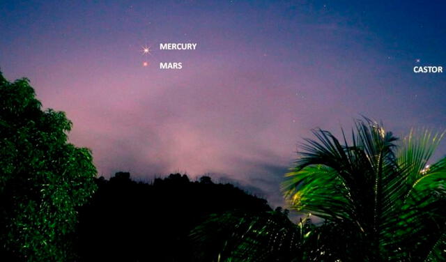 Conjunción de Mercurio y Marte en junio de 2019, vista desde Filipinas. Ambos astros aparecerán muy cercanos en el cielo. Foto: EarthSky