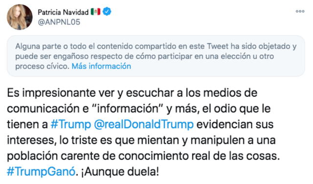 Tuit de 4 de noviembre de 2020 de Paty Navidad. Foto: Captura de Twitter.