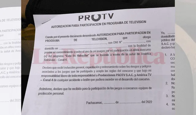 Documento que Valeria Burgos recibió por parte de la producción de Esto es Habacilar