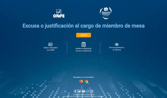 Plataforma de la ONPE para solicitar la justificación al cargo de miembro de mesa. Foto: captura de excusaojustificacion.eleccionesgenerales2021.pe