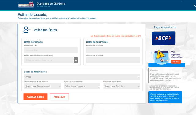 La web de Reniec te permitirá tramitar el duplicado de tu DNIe con una validación de datos. Foto: captura