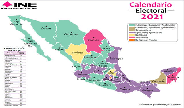 Mapa con los cargos que se pondrán a elección en los 32 estados de México. Foto: INE