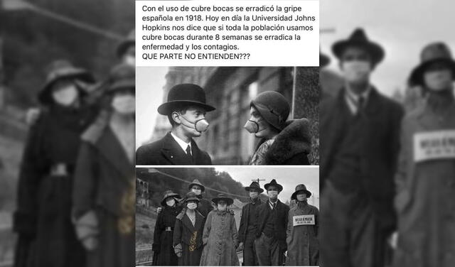 Es falso que el uso de las mascarillas erradicó la ‘gripe española’ en 1918. Foto: captura en Facebook.