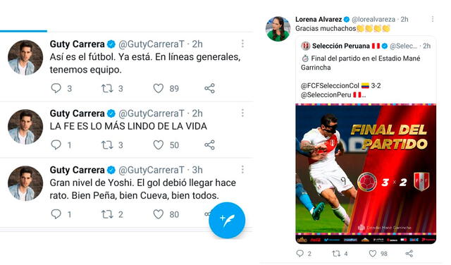 9.7.2021 | Tweet de Guty Carrera y Lorena Álvarez tras resultados de Perú- Colombia en la Copa América 2021. Foto: captura Guty Carrera / Lorena Álvarez  / Twitter