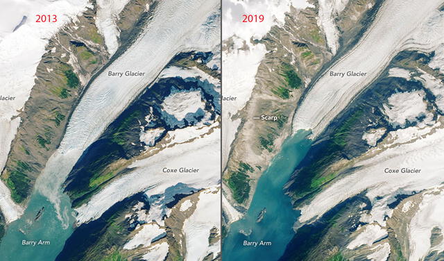 Izquierda: setiembre de 2013. Derecha: agosto de 2019. Foto: Lauren Dauphin/ NASA/ USGS