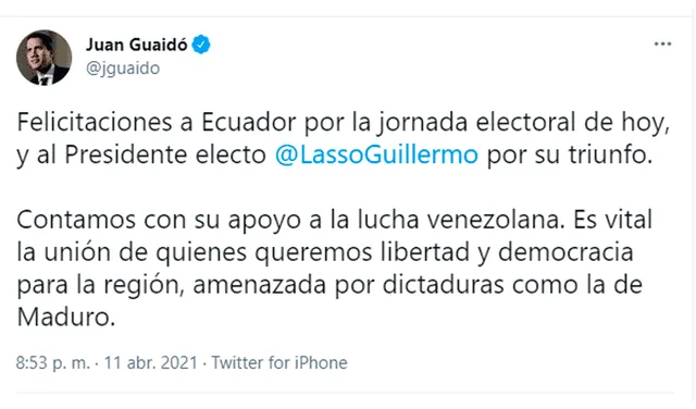 “Contamos con su apoyo a la lucha venezolana”, escribió el líder opositor en su Twitter. Foto: captura