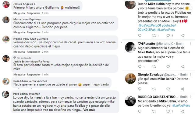 23.7.2021 | Comentarios dejados tras la decisión de Mike Bahía en la batalla  entre Nia Carpio y Fidelius. Foto: captura La voz Perú / Twitter / Facebook