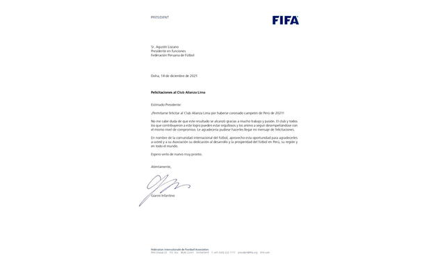 FIFA y su salutación a Alianza Lima. Foto: FPF
