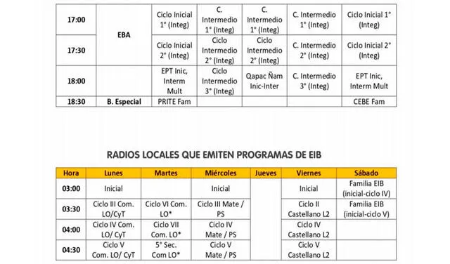 Programación de Aprendo en Casa para Educación Básica Alternativa por Radio Nacional y para Educación Intercultural Bilingüe en radios locales. Foto: aprendoencasaperu/Facebook