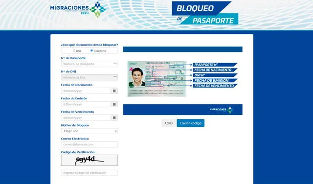 Plataforma de Migraciones para el bloqueo del pasaporte electrónico. Foto: captura