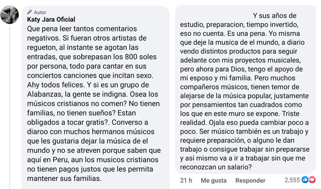 14.5.2022 | Comentario de Katy Jara defendiendo la música cristiana. Foto: captura Facebook