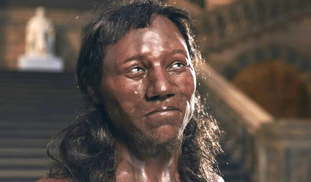 Hombre prehistórico con ojos azules y piel oscura
