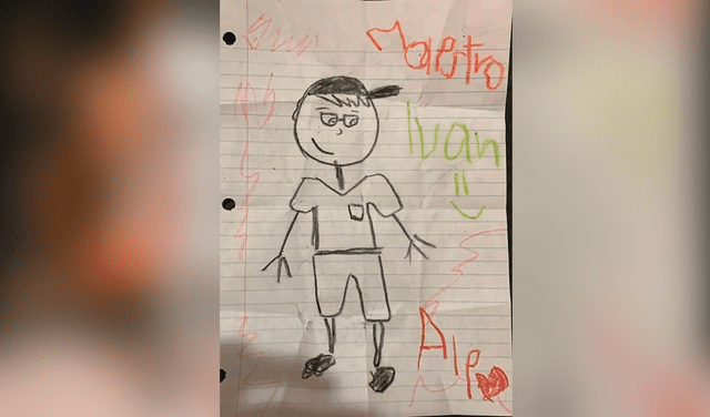 La niña dibujó a un beisbolista y colocó el nombre de su maestro. Foto: captura de Facebook