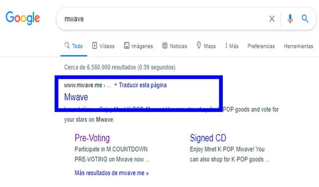 PASO 1. Busca en Google el término “Mwave” para votar por SUPER JUNIOR en Mcountdown. Foto: Google
