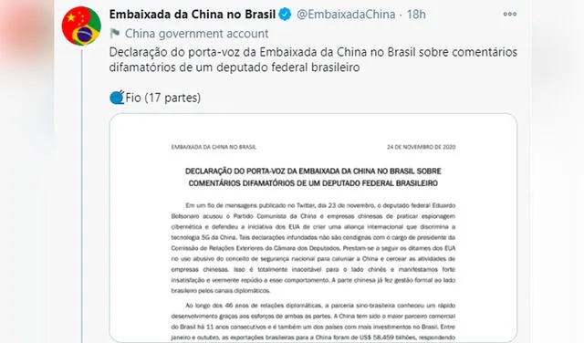 China rechaza acusación del hijo de Bolsonaro sobre espionaje a través del 5G