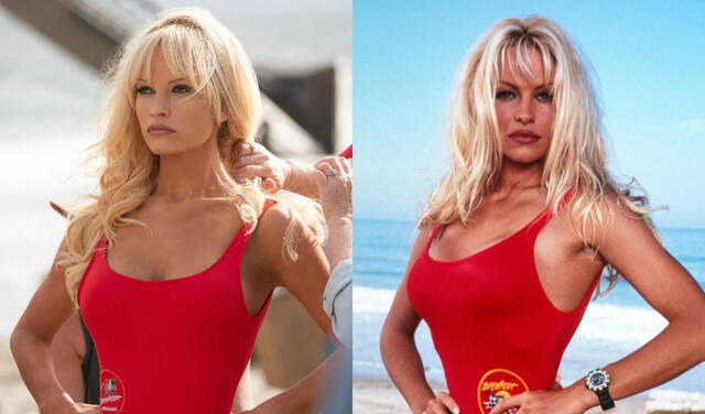 Lily James como Pamela Anderson. Foto: composición LR/Hulu/difusión