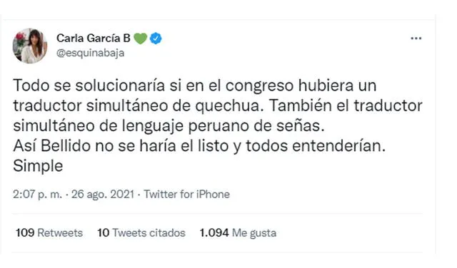 26.8.2021 | Tuit de Carla García sobre el discurso de Guido Bellido. Foto: captura Carla García / Twitter
