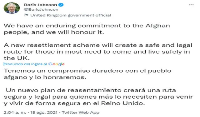Boris Johnson ha mantenido su postura sobre Afganistán. Foto: @BorisJohnson/Twitter