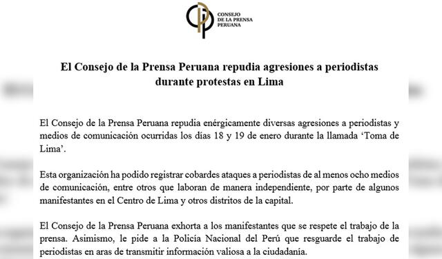Durante la Toma de Lima, reporteros, camarógrafos e incluso conductores de móviles de prensa, sufrieron ataques de los manifestantes.
