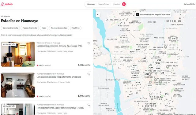 Airbnb te muestra distintas ofertas de hospedaje con sus respectivos precios. Foto: captura