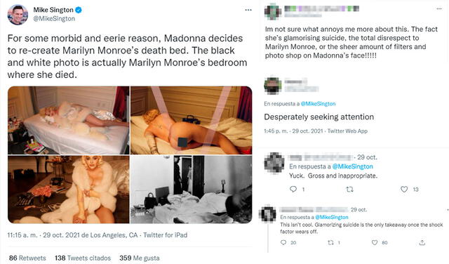 Reacciones a la editorial fotográfica de Madonna como Marilyn Monroe. Foto: captura Mike Sington / Twitter