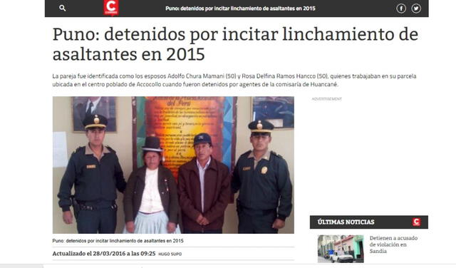 Fotografía muestra a Adolfo Chura (50) y Rosa Ramos (50). Captura: Diario Correo.