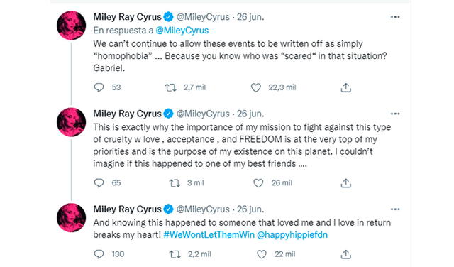 26.6.2021 | Tweets de Miley Cyrus lamentando la muerte del brasileño Gabriel Carvalho García. Foto: Miley Cyrus / Twitter