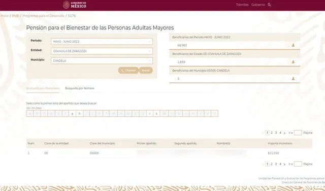 Pensión Bienestar padrón de beneficiarios