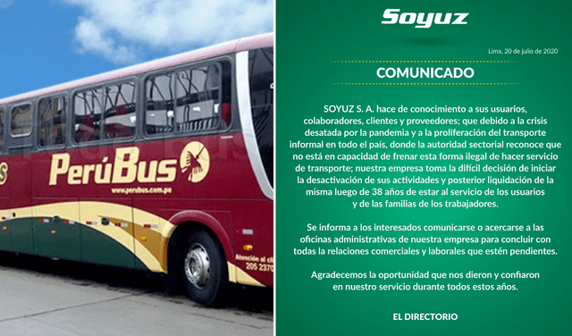 Soyuz S.A. anunció el cese de sus actividades a mediados de 2020 y, posteriormente, realizó un aporte patrimonial a la empresa Perú Bus
