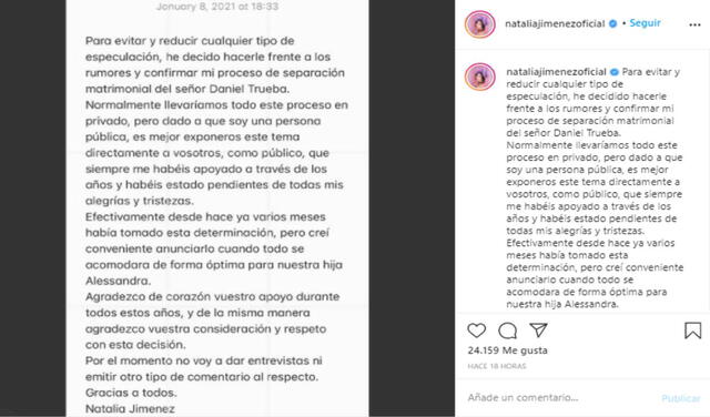 Natalia Jiménez anuncia su separación de Daniel Trueba
